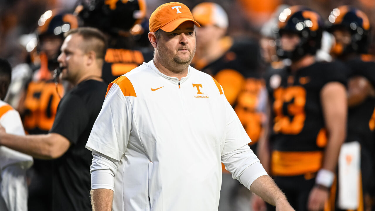 KNOXVILLE, TN - OCTOBER 29: Tennessee Volunteers head coach Josh Heupel watches in warmups before the college football game between the Tennessee Volunteers and Kentucky Wildcats October 29, 2022, at Neyland Stadium, in Knoxville, TN.