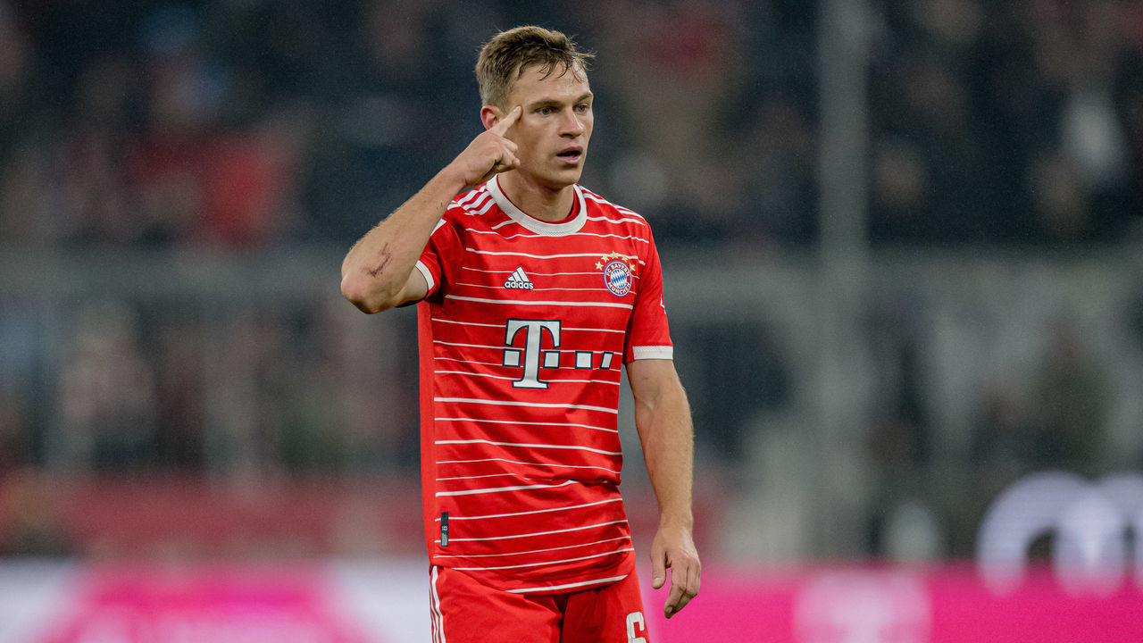 MUNICH, GERMANY - JANUARY 24: Joshua Kimmich of Bayern celebrates after scoring his team's first goal during the Bundesliga match between FC Bayern München and 1. FC Köln at Allianz Arena on January 24, 2023 in Munich, Germany.