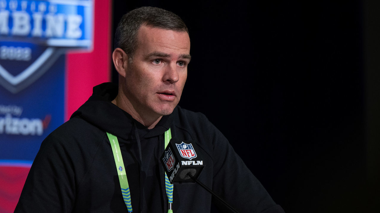 INDIANAPOLIS, IN - MARCH 01: Buffalo Bills general manager Brandon Beane answers questions from the media during the NFL Scouting Combine on March 1, 2022, at the Indiana Convention Center in Indianapolis, IN.