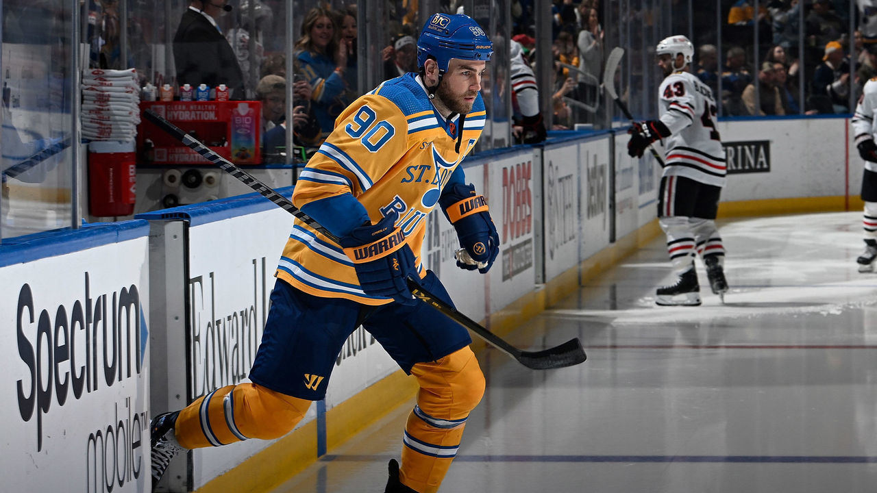 ST. LOUIS, MO - DECEMBER 29: Ryan O'Reilly #90 of the St. Louis Blues takes the ice for warmups prior to a game against the Chicago Blackhawks at the Enterprise Center on December 29, 2022 in St. Louis, Missouri.