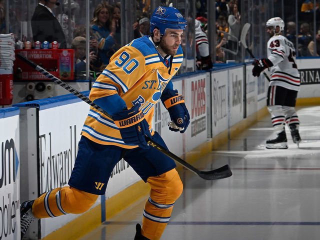 ST. LOUIS, MO - DECEMBER 29: Ryan O'Reilly #90 of the St. Louis Blues takes the ice for warmups prior to a game against the Chicago Blackhawks at the Enterprise Center on December 29, 2022 in St. Louis, Missouri.