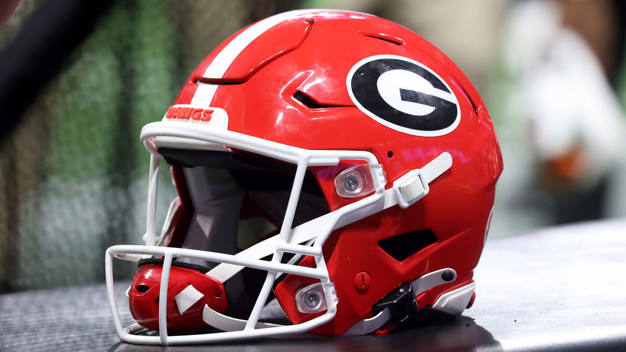 ATLANTA, GA - DECEMBER 31: A general view of a Georgia Bulldogs helmet during the college football Playoff Semifinal game at the Chick-fil-a Peach Bowl between the Georgia Bulldogs and the Ohio State Buckeyes on December 31, 2022 at Mercedes-Benz Stadium in Atlanta, Georgia.