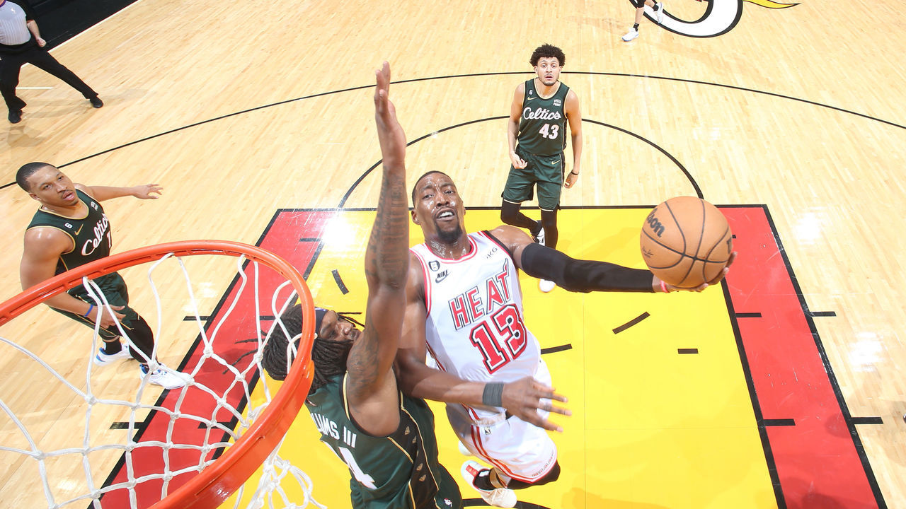 MIAMI, FL - JANUARY 24: Bam Adebayo #13 of the Miami Heat drives to the basket during the game against the Boston Celtics on January 24, 2023 at Miami-Dade Arena in Miami, Florida. Mandatory Copyright Notice: Copyright 2023 NBAE