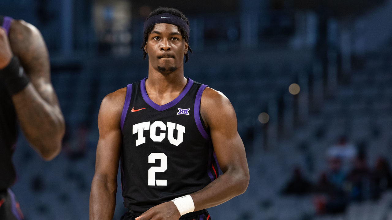 DALLAS, TX - DECEMBER 10: TCU Horned Frogs forward Emanuel Miller (#2) looks on during the college basketball game between the SMU Mustangs and the TCU Horned Frogs on December 10, 2022, at Dickies Arena in Fort Worth, TX.