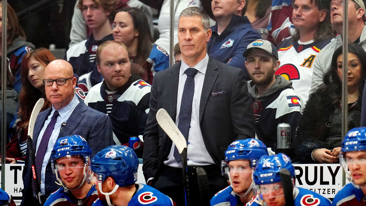 DENVER, COLORADO - DECEMBER 31: Head coach Jared Bednar of the Colorado Avalanche looks on against the Toronto Maple Leafs at Ball Arena on December 31, 2022 in Denver, Colorado.
