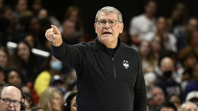 COLLEGE PARK, MARYLAND - DECEMBER 11: Head coach Geno Auriemma of the UConn Huskies watches the game against the Maryland Terrapins at Xfinity Center on December 11, 2022 in College Park, Maryland.