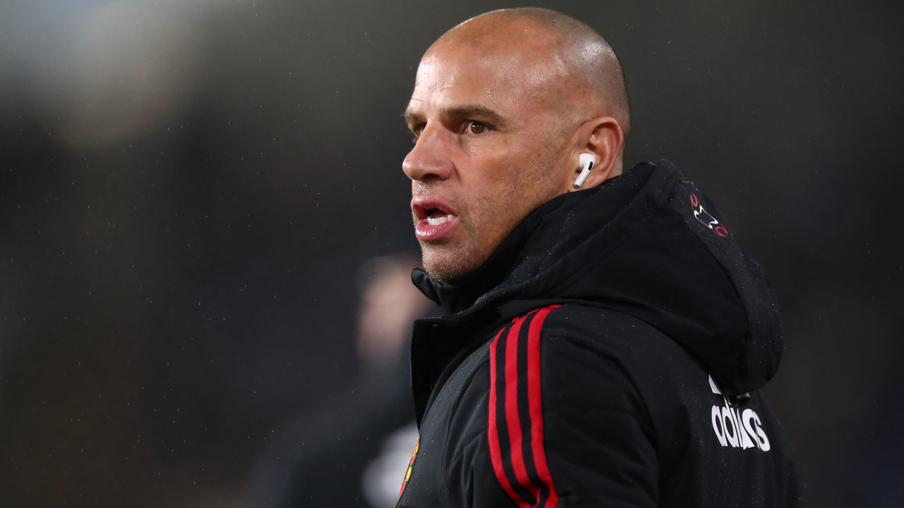 BURNLEY, ENGLAND - FEBRUARY 08: Chris Armas the assistant head coach / manager of Manchester United during the Premier League match between Burnley and Manchester United at Turf Moor on February 8, 2022 in Burnley, United Kingdom.