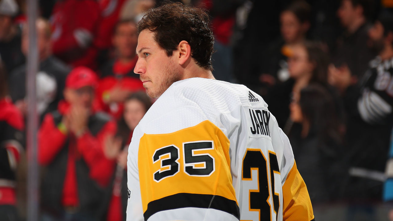 NEWARK, NJ - JANUARY 22: Tristan Jarry #35 of the Pittsburgh Penguins prior to the game against the New Jersey Devils on January 22, 2023 at the Prudential Center in Newark, New Jersey.