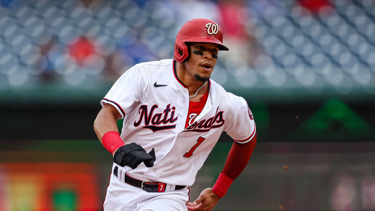 WASHINGTON, DC - JULY 13: Cesar Hernandez #1 of the Washington Nationals rounds second base against the Seattle Mariners during the sixth inning of game one of a doubleheader at Nationals Park on July 13, 2022 in Washington, DC.
