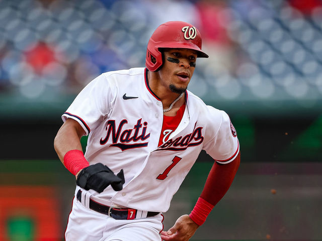WASHINGTON, DC - JULY 13: Cesar Hernandez #1 of the Washington Nationals rounds second base against the Seattle Mariners during the sixth inning of game one of a doubleheader at Nationals Park on July 13, 2022 in Washington, DC.