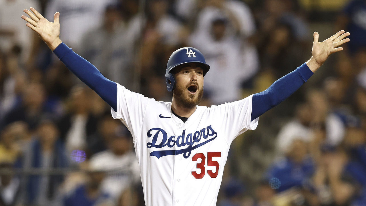 LOS ANGELES, CALIFORNIA - OCTOBER 01: Cody Bellinger #35 of the Los Angeles Dodgers reacts after Mookie Betts #50 hit was ruled a foul ball against the Colorado Rockies during the sixth inning at Dodger Stadium on October 01, 2022 in Los Angeles, California.