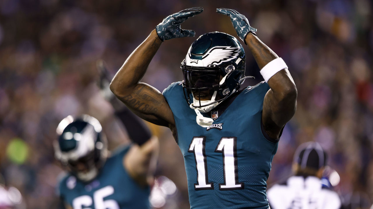 PHILADELPHIA, PA - JANUARY 21: A.J. Brown #11 of the Philadelphia Eagles celebrates after a touchdown during the second quarter of an NFL divisional round football game against the New York Giants at Lincoln Financial Field on January 21, 2023 in Philadelphia, Pennsylvania.