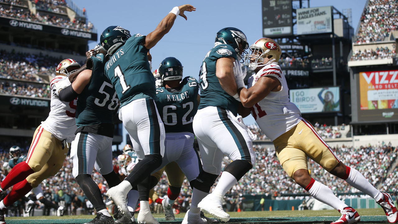 PHILADELPHIA, PA - SEPTEMBER 19: Jalen Hurts #1 of the Philadelphia Eagles passes during the game against the San Francisco 49ers at Lincoln Financial Field on September 19, 2021 in Philadelphia, Pennsylvania. The 49ers defeated the Eagles 17-11.