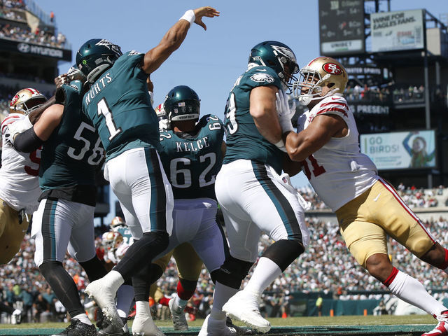 PHILADELPHIA, PA - SEPTEMBER 19: Jalen Hurts #1 of the Philadelphia Eagles passes during the game against the San Francisco 49ers at Lincoln Financial Field on September 19, 2021 in Philadelphia, Pennsylvania. The 49ers defeated the Eagles 17-11.