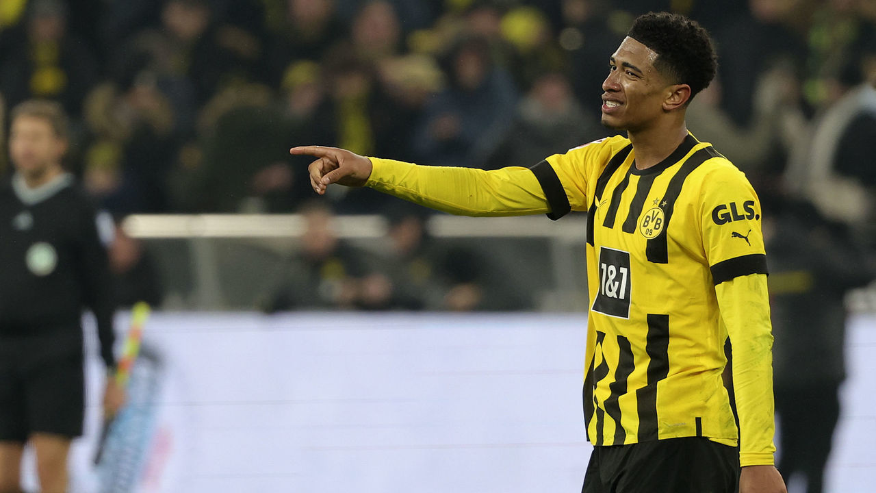 DORTMUND, GERMANY - JANUARY 22: Jude Bellingham of Borussia Dortmund gestures during the Bundesliga match between Borussia Dortmund and FC Augsburg at Signal Iduna Park on January 22, 2023 in Dortmund, Germany.