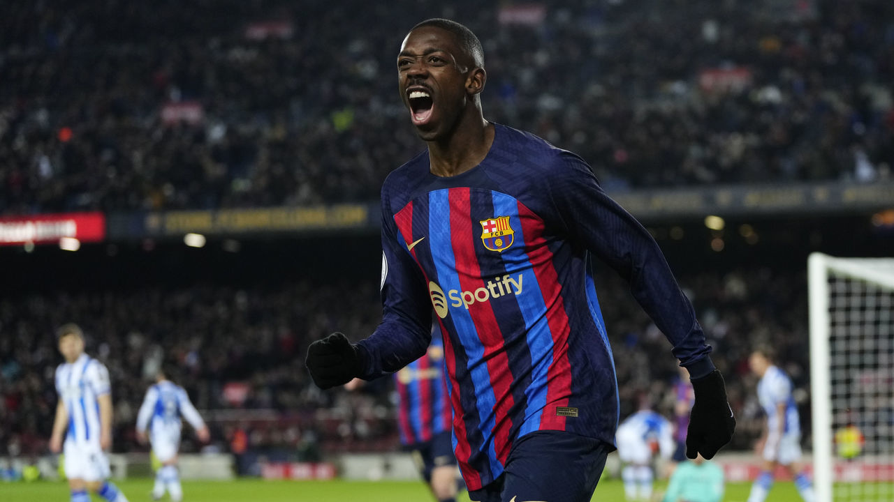 Ousmane Dembele right winger of Barcelona and France celebrates after scoring his sides first goal during the Copa Del Rey Quarter Final match between FC Barcelona and Real Sociedad at Spotify Camp Nou on January 25, 2023 in Barcelona, Spain.