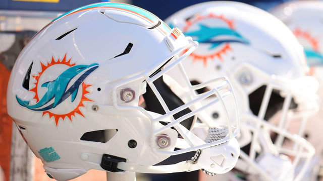 CHICAGO, ILLINOIS - NOVEMBER 06: A detail of a Miami Dolphins helmet prior to the game against the Chicago Bears at Soldier Field on November 06, 2022 in Chicago, Illinois.