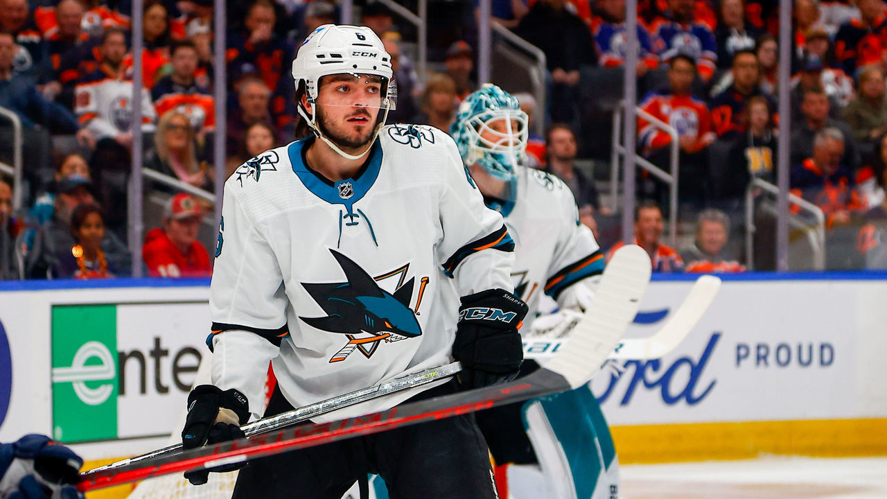 EDMONTON, AB - APRIL 29: San Jose Sharks Defenceman Ryan Merkley (6) in action in the first period during the Edmonton Oilers game versus the San Jose Sharks on April 29, 2022 at Rogers Place in Edmonton, AB.