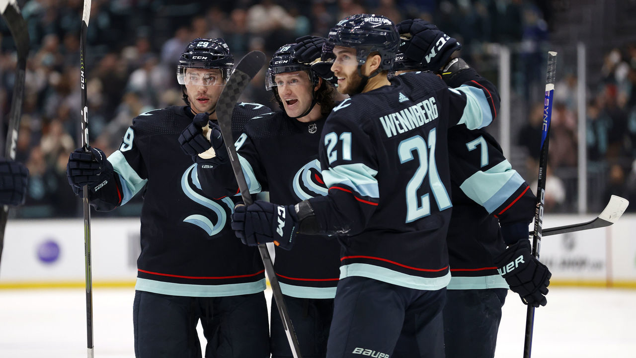 SEATTLE, WASHINGTON - JANUARY 25: Jared McCann #19 of the Seattle Kraken celebrates his power-play goal during the second period against the Vancouver Canucks at Climate Pledge Arena on January 25, 2023 in Seattle, Washington.