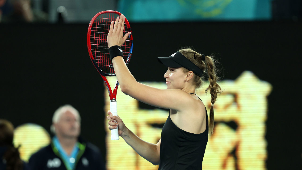 MELBOURNE, AUSTRALIA - JANUARY 26: Elena Rybakina of Kazakhstan celebrates winning in the Semifinals singles match against Victoria Azarenka during day 11 of the 2023 Australian Open at Melbourne Park on January 26, 2023 in Melbourne, Australia.