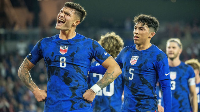 LOS ANGELES, CA - JANUARY 25: Brandon Vazquez #8 of United States of America celebrates his goal during the international friendly match against Serbia at BMO Stadium on January 25, 2023 in Los Angeles, California. Serbia won the match 2-1.