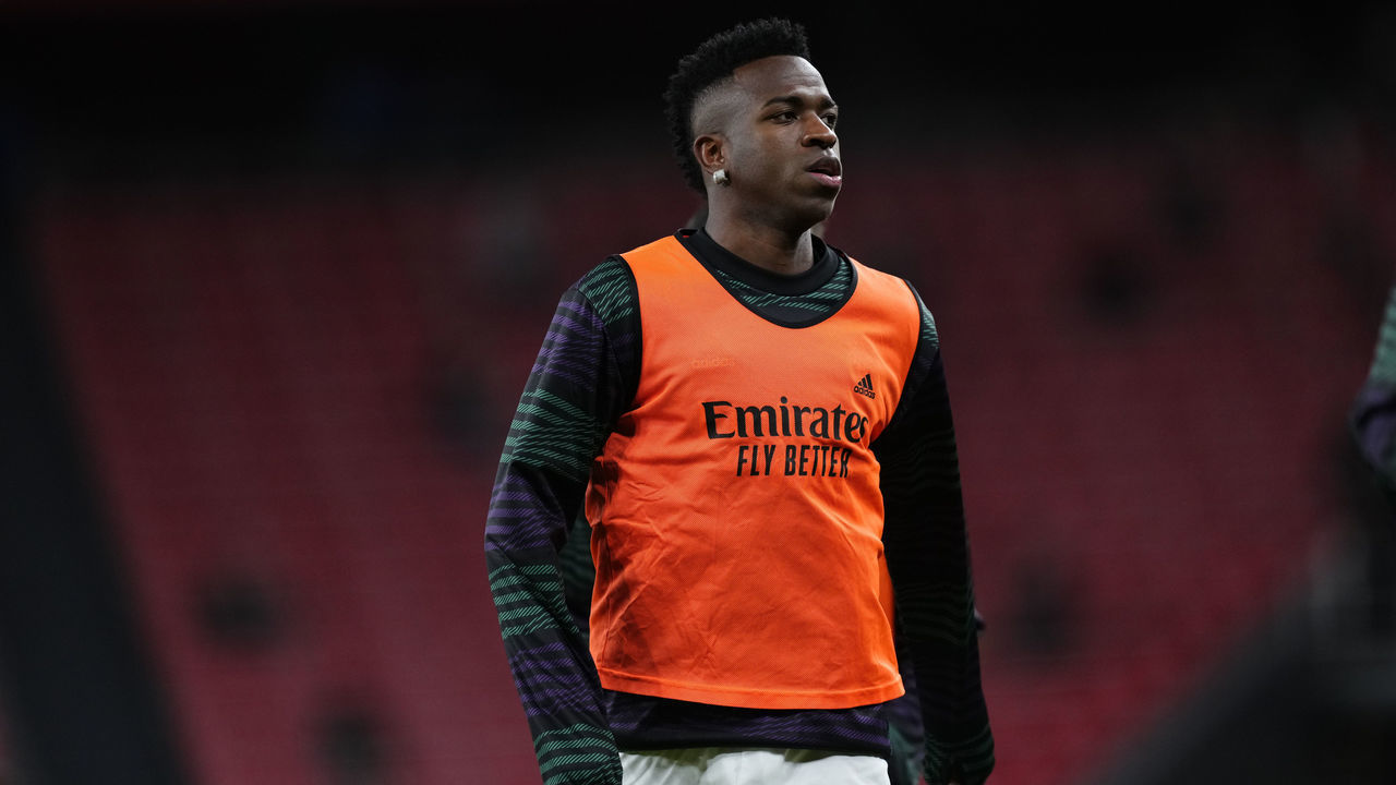 Vinicius Junior left winger of Real Madrid and Brazil during the warm-up before the LaLiga Santander match between Athletic Club and Real Madrid CF at San Mames Stadium on January 22, 2023 in Bilbao, Spain.