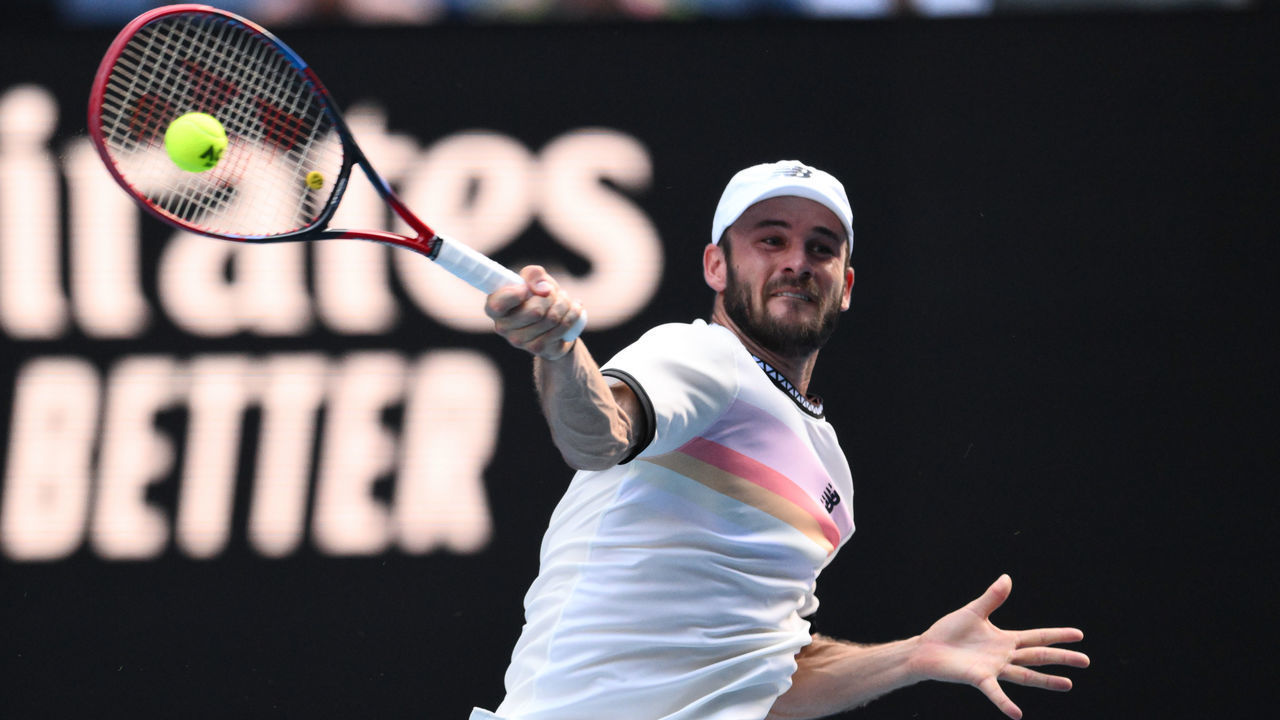 MELBOURNE, AUSTRALIA - JANUARY 25: Tommy Paul in action during his Quarter Final Match at the Australian Open grand slam tennis tournament at Melbourne Park in Melbourne, Australia on January 25, 2023