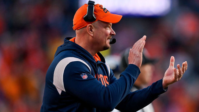 DENVER, CO - DECEMBER 11: Denver Broncos head coach Nathaniel Hackett celebrates after his defense forced a three-and-out in the third quarter during a game between the Kansas City Chiefs and the Denver Broncos at Empower Field at Mile High on December 11, 2022 in Denver, Colorado.
