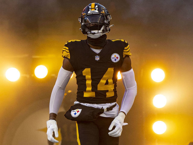 PITTSBURGH, PA - NOVEMBER 20: Pittsburgh Steelers wide receiver George Pickens (14) is announced during the national football league game between the Cincinnati Bengals and the Pittsburgh Steelers on November 20, 2022 at Acrisure Stadium in Pittsburgh, PA.