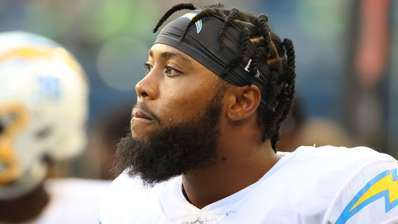 SEATTLE, WASHINGTON - AUGUST 28: Jessie Lemonier #58 of the Los Angeles Chargers looks on in the first quarter during the NFL preseason game against the Seattle Seahawks at Lumen Field on August 28, 2021 in Seattle, Washington.