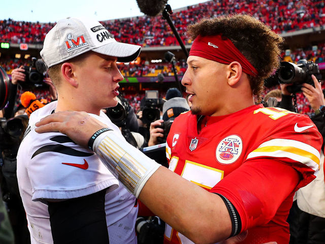 KANSAS CITY, MO - JANUARY 30: Joe Burrow #9 of the Cincinnati Bengals hugs Patrick Mahomes #15 of the Kansas City Chiefs after the AFC Championship Game at GEHA Field at Arrowhead Stadium on January 30, 2022 in Kansas City, Missouri.