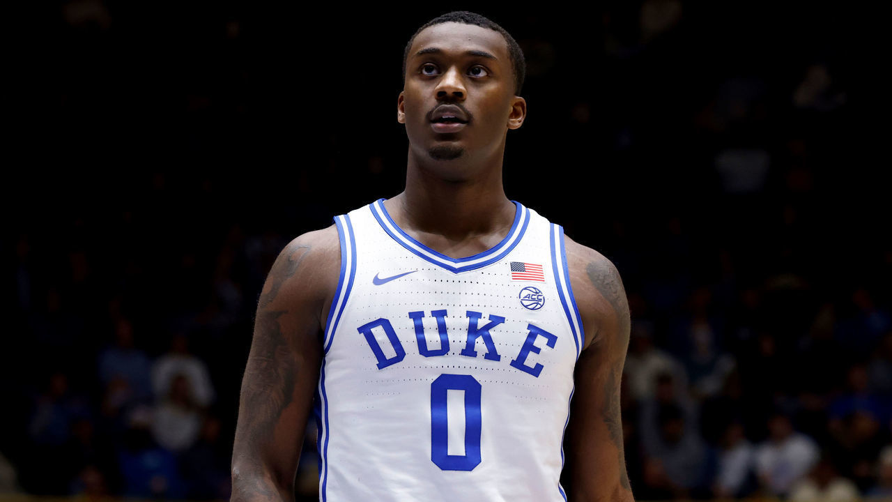 DURHAM, NC - DECEMBER 10: Dariq Whitehead #0 of the Duke Blue Devils prepares to shoot a free throw during their game against the Maryland-Eastern Shore Hawks at Cameron Indoor Stadium on December 10, 2022 in Durham, North Carolina. Duke won 82-55.