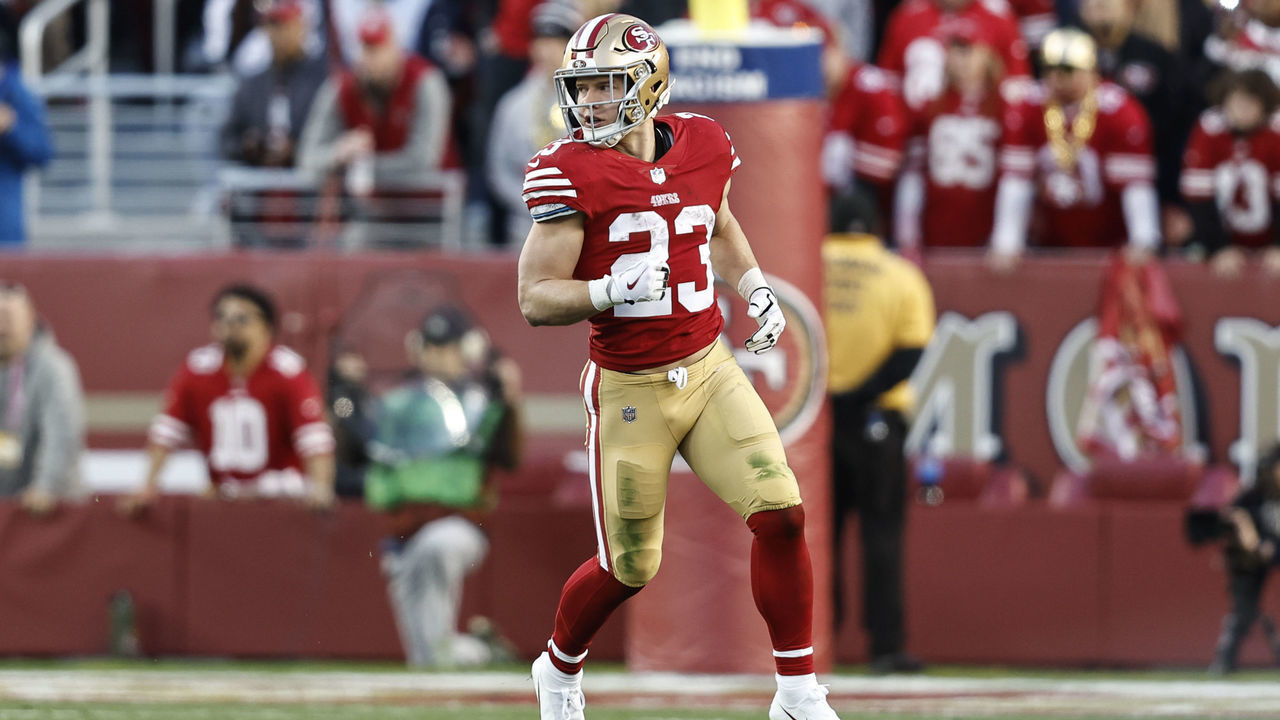 SANTA CLARA, CALIFORNIA - JANUARY 22: Christian McCaffrey #23 of the San Francisco 49ers runs during an NFL divisional round playoff football game between the San Francisco 49ers and the Dallas Cowboys at Levi's Stadium on January 22, 2023 in Santa Clara, California.
