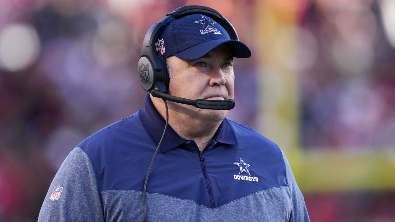 SANTA CLARA, CALIFORNIA - JANUARY 22: Head coach Mike McCarthy of the Dallas Cowboys looks on against the San Francisco 49ers during the first half in the NFC Divisional Playoff game at Levi's Stadium on January 22, 2023 in Santa Clara, California.