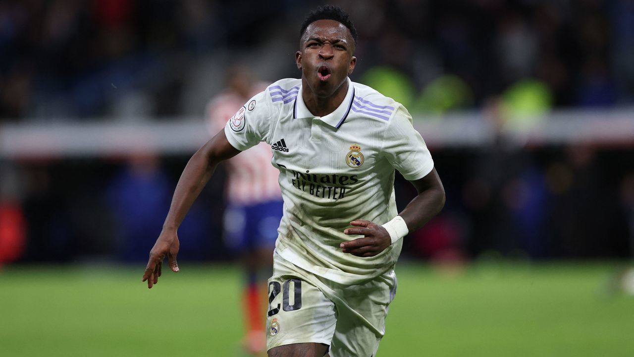 Real Madrid's Brazilian forward Vinicius Junior celebrates after scoring his team's third goal during the Copa del Rey (King's Cup), quarter final football match between Real Madrid CF and Club Atletico de Madrid at the Santiago Bernabeu stadium in Madrid on January 26, 2023.