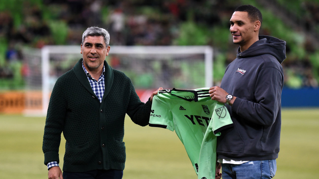 AUSTIN, TX - FEBRUARY 16: Austin FC general manager Claudio Reyna (left) greets newly signed defender Ruben Gabrielson (right) prior to start of game between Atlas and Austin FC on February 16, 2022 at Q2 Stadium in Austin, TX.
