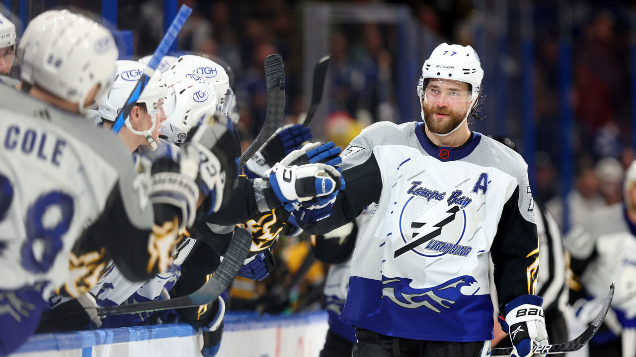 TAMPA, FLORIDA - JANUARY 26: Victor Hedman #77 of the Tampa Bay Lightning celebrates a goal in the third period during a game aagainst the Boston Bruins at Amalie Arena on January 26, 2023 in Tampa, Florida.