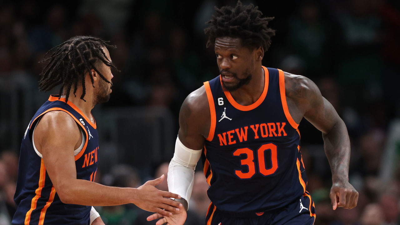 BOSTON, MASSACHUSETTS - JANUARY 26: Julius Randle #30 of the New York Knicks and Jalen Brunson #11 celebrate during the second half against the Boston Celtics at TD Garden on January 26, 2023 in Boston, Massachusetts. The Knicks defeat the Celtics 120-117 in overtime.