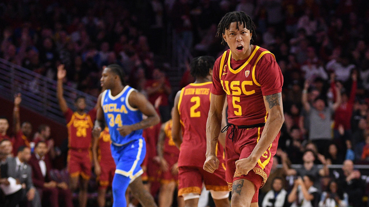 LOS ANGELES, CA - JANUARY 26: USC Trojans guard Boogie Ellis (5) celebrates after making a shot during the college basketball game between the UCLA Bruins and the USC Trojans on January 26, 2023 at Galen Center in Los Angeles, CA.