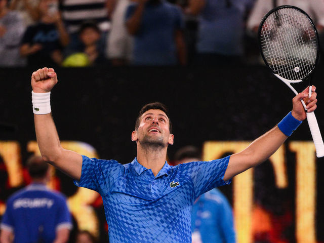 MELBOURNE, AUSTRALIA - JANUARY 27: Novak Djokovic celebrates victory after winning his Semi Final Match at the Australian Open grand slam tennis tournament at Melbourne Park in Melbourne, Australia on January 27, 2023