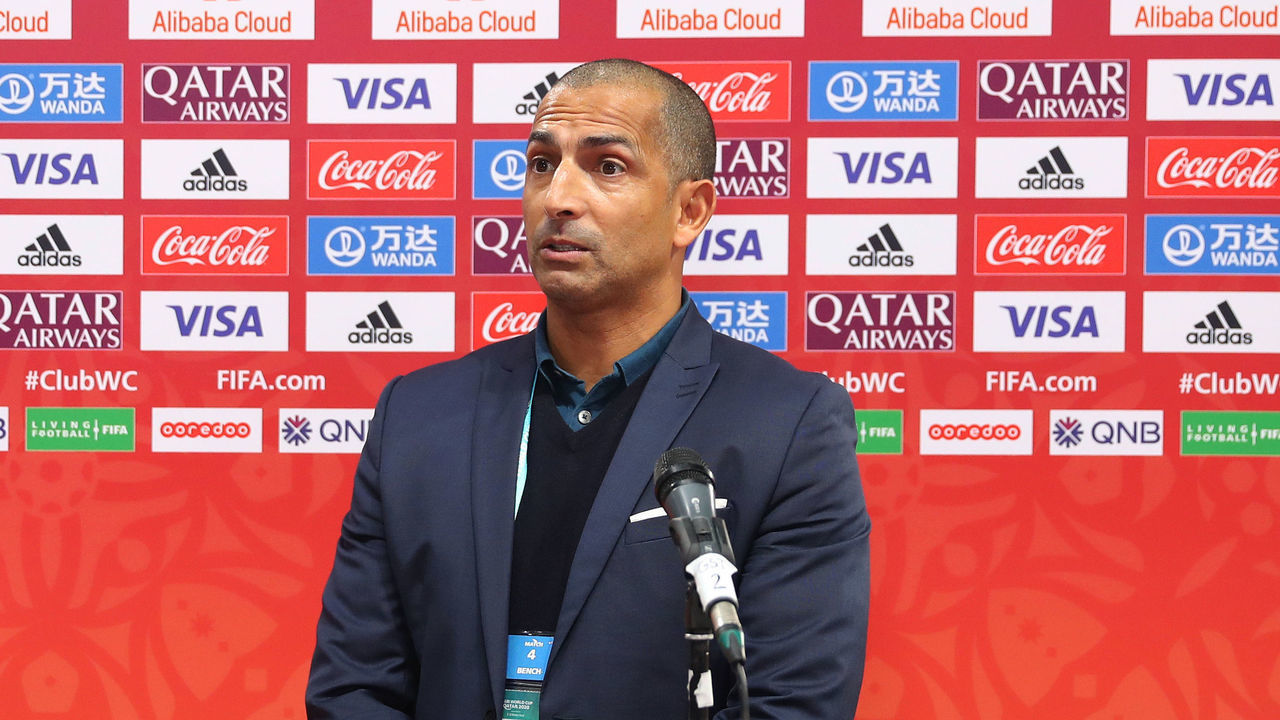 DOHA, QATAR - FEBRUARY 07: Sabri Lamouchi, Manager of Al Duhail SC talks to the media after the FIFA Club World Cup Qatar 2020 5th Place match between Ulsan Hyundai FC and Al Duhail SC at the Ahmad Bin Ali Stadium on February 07, 2021 in Doha, Qatar.