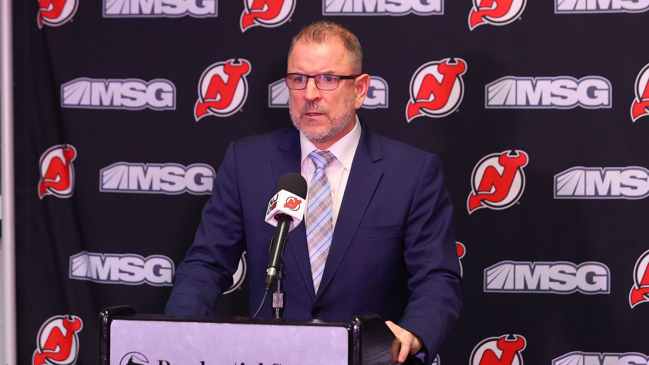 NEWARK, NJ - NOVEMBER 30: New Jersey Devils general manager Tom Fitzgerald announces an 8 million dollar a year contract extension for New Jersey Devils center Jack Hughes (86) prior to the National Hockey Legue game between New Jersey Devils nd the San Jose Sharks on November 30, 2021 at the Prudential Center in Newark, NJ.