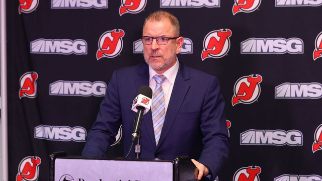 NEWARK, NJ - NOVEMBER 30: New Jersey Devils general manager Tom Fitzgerald announces an 8 million dollar a year contract extension for New Jersey Devils center Jack Hughes (86) prior to the National Hockey Legue game between New Jersey Devils nd the San Jose Sharks on November 30, 2021 at the Prudential Center in Newark, NJ.