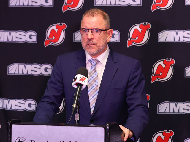 NEWARK, NJ - NOVEMBER 30: New Jersey Devils general manager Tom Fitzgerald announces an 8 million dollar a year contract extension for New Jersey Devils center Jack Hughes (86) prior to the National Hockey Legue game between New Jersey Devils nd the San Jose Sharks on November 30, 2021 at the Prudential Center in Newark, NJ.