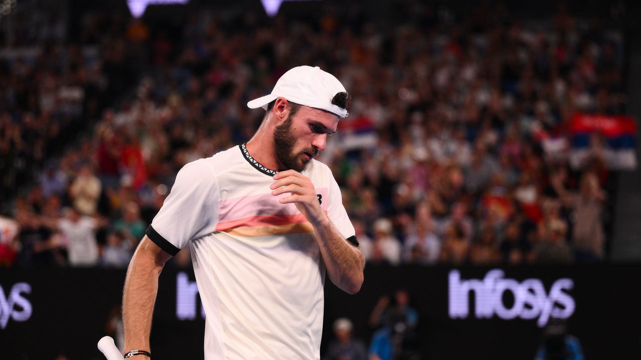MELBOURNE, AUSTRALIA - JANUARY 27: Tommy Paul reacts during his Semi Final Match at the Australian Open grand slam tennis tournament at Melbourne Park in Melbourne, Australia on January 27, 2023