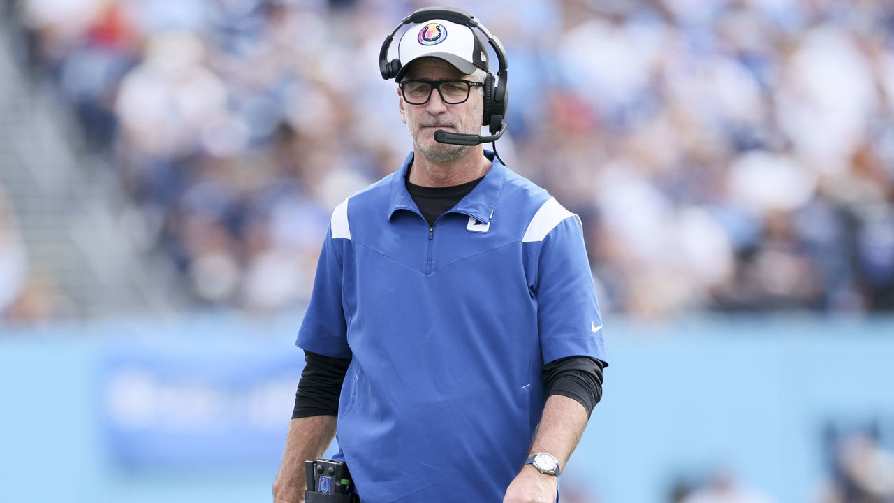 NASHVILLE, TENNESSEE - OCTOBER 23: Head coach Frank Reich of the Indianapolis Colts looks on during the second half against the Tennessee Titans at Nissan Stadium on October 23, 2022 in Nashville, Tennessee.