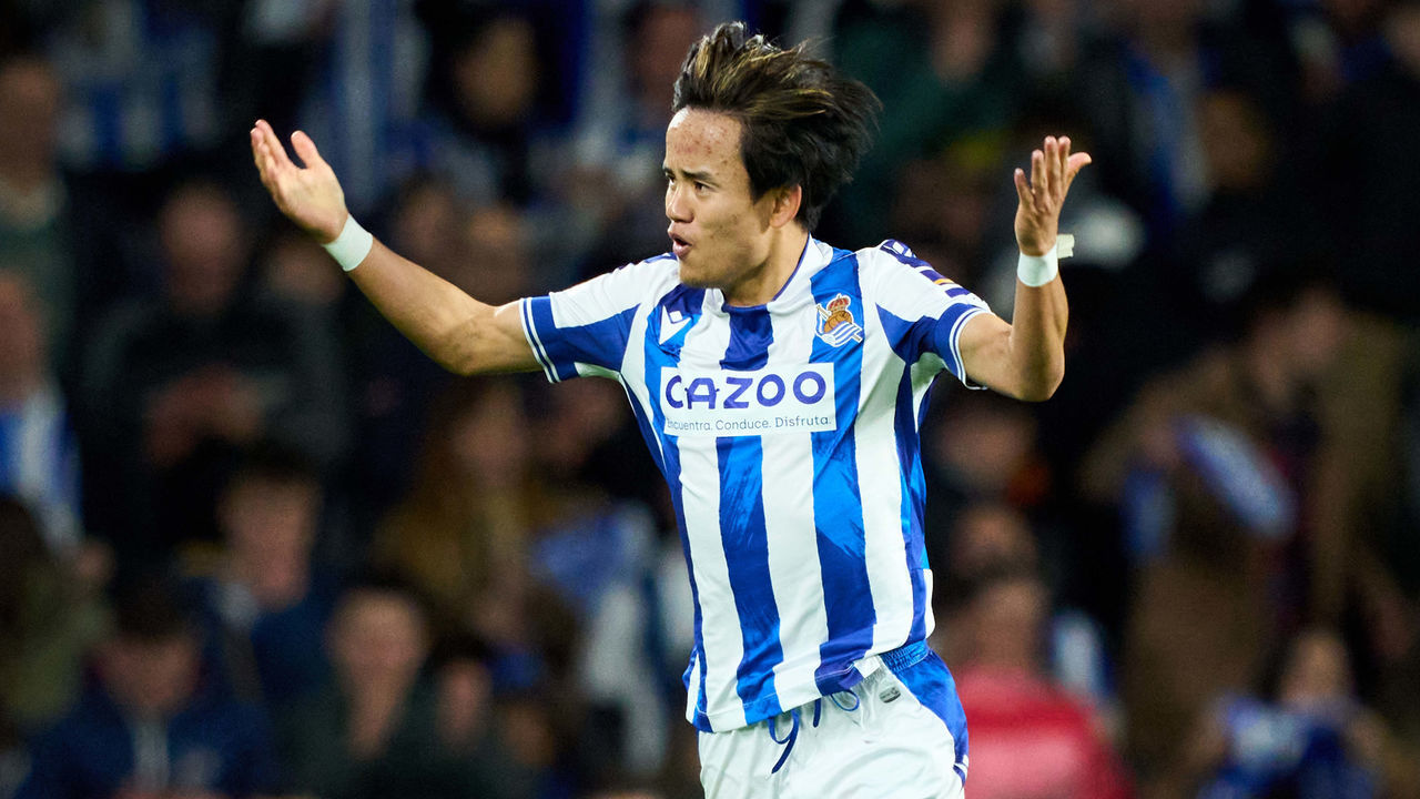 SAN SEBASTIAN, SPAIN - JANUARY 14: Takefusa Kubo of Real Sociedad celebrates after scoring his team's second goal during the LaLiga Santander match between Real Sociedad and Athletic Club at Reale Arena on January 14, 2023 in San Sebastian, Spain.