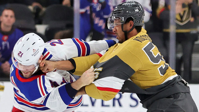 LAS VEGAS, NEVADA - DECEMBER 07: Barclay Goodrow #21 of the New York Rangers and Keegan Kolesar #55 of the Vegas Golden Knights fight in the second period of their game at T-Mobile Arena on December 07, 2022 in Las Vegas, Nevada.