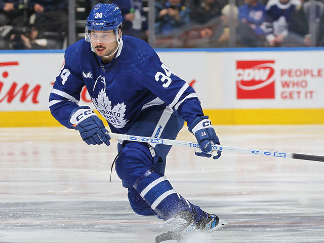 TORONTO, CANADA - JANUARY 25: Auston Matthews #34 of the Toronto Maple Leafs looks for a return pass against the New York Rangers during an NHL game at Scotiabank Arena on January 25, 2023 in Toronto, Ontario, Canada. The Maple Leafs defeated the Rangers 3-2 in overtime.