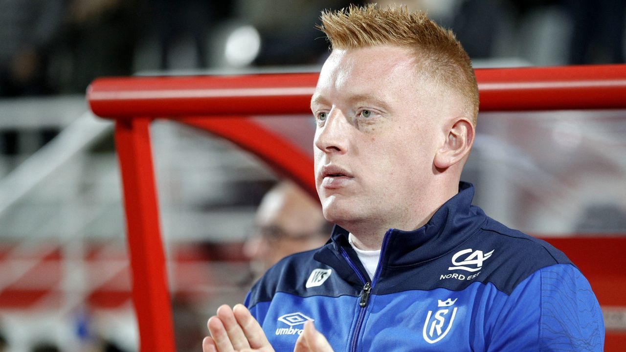 Reims' Belgian head coach William Still reacts during the French L1 football match between AC Ajaccio and Stade de Reims at Stade Francois Coty in Ajaccio on the French Mediterranean Island of Corsica on January 11, 2023.